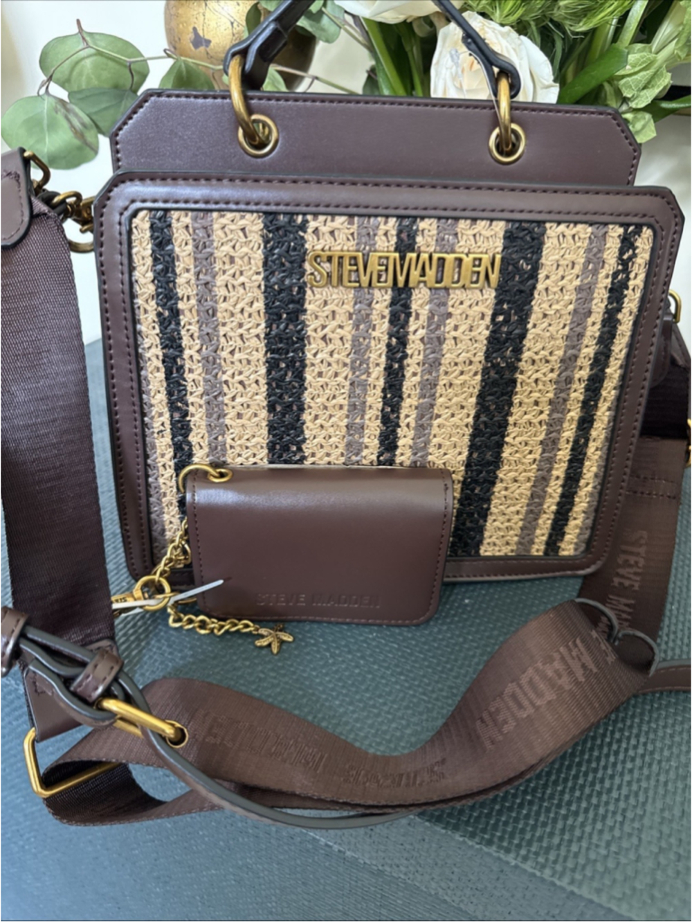 Steve Madden Bevelyn Straw Chocolate Handbag Crossbody Top Handle Bag NWT